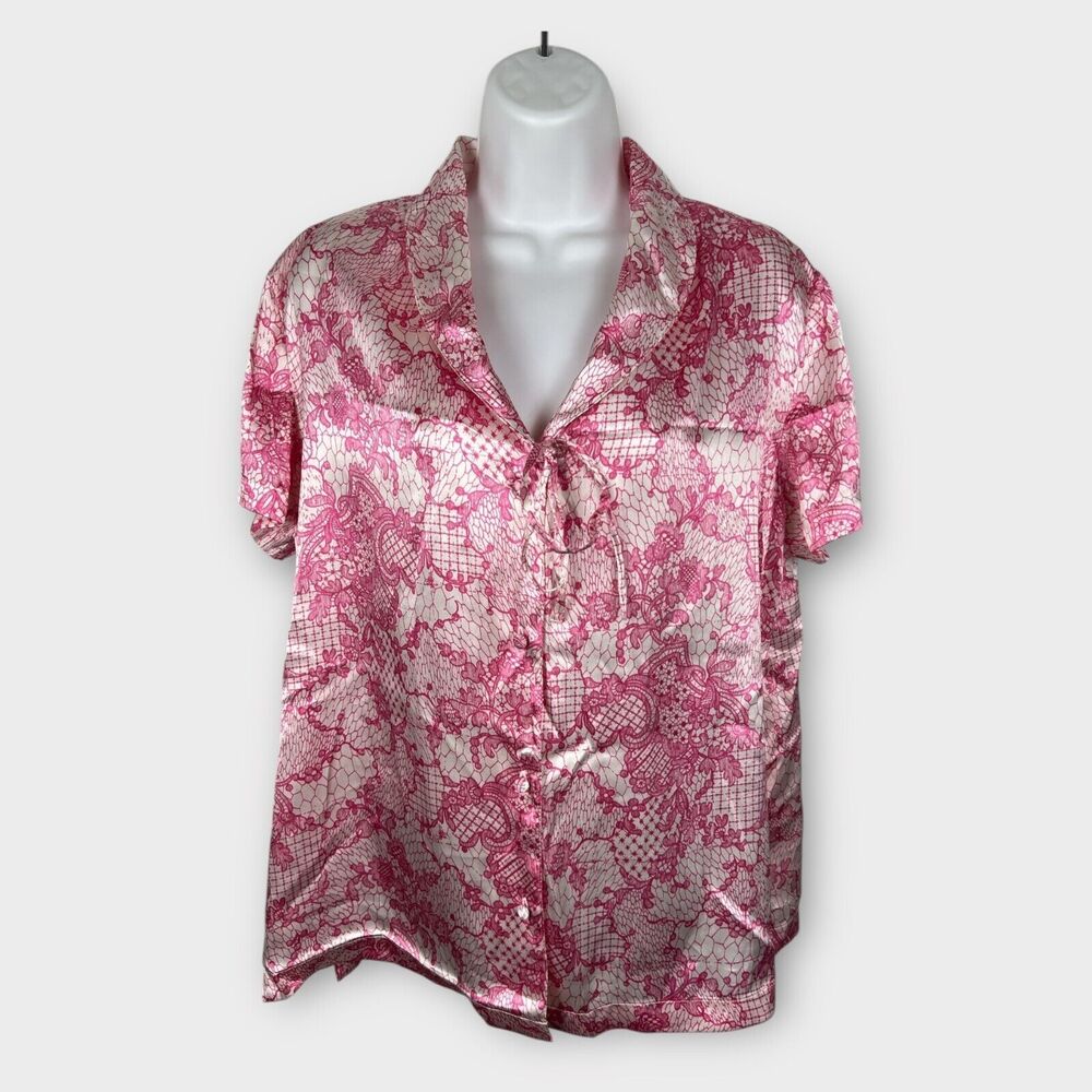 Coquette Pink Satin Lace Print Sleep Top Bow Tie‎ Vintage Jaclyn Smith L
